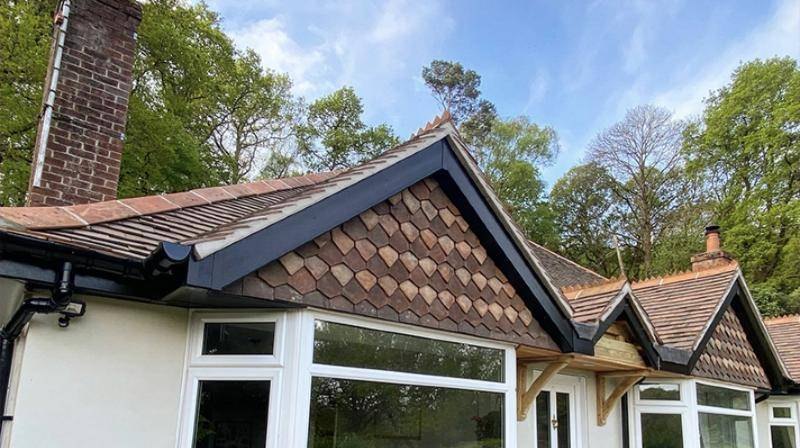 Heritage clay tile re-roof with decorative tile hanging on New Forest cottage gables